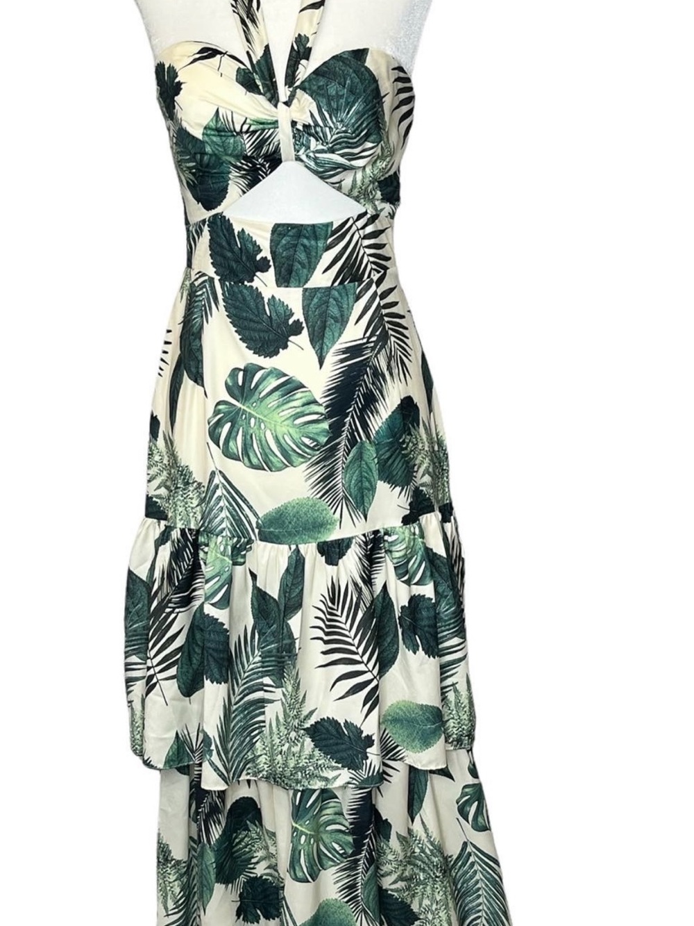 Tropical Leaf Print Cutout Maxi Dress - Green/White